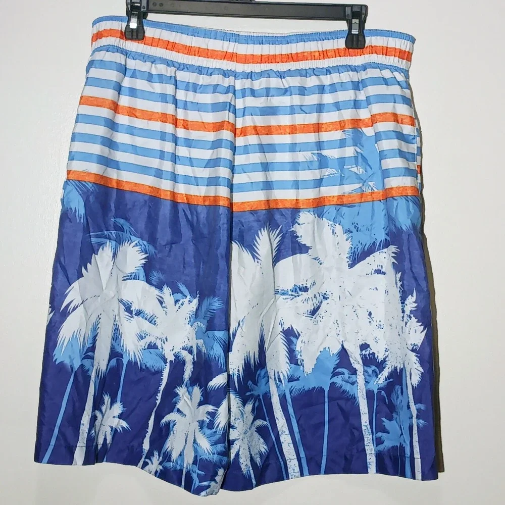 Original Deluxe Swim Trunks Blue Tropical Palm Tree Striped Board Shorts L